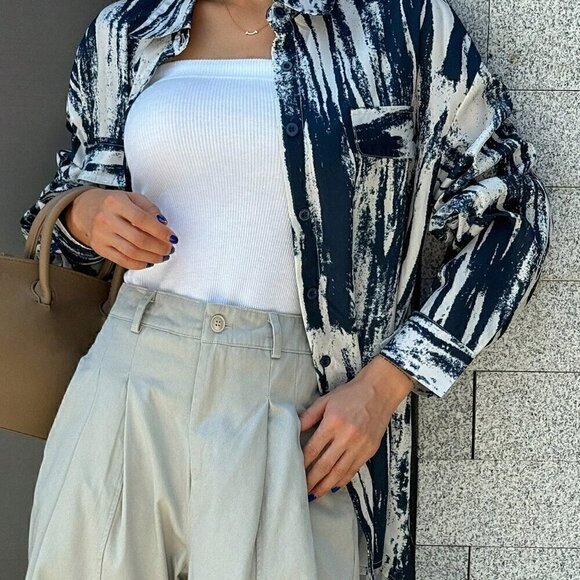 Royal Blue Casual Women's Random Print Loose Long Sleeve Shirt - Picture 5 of 8